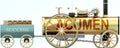 Acumen and success - symbolized by a retro steam car with word Acumen pulling a success wagon loaded with gold bars to show that