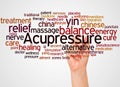 Acupressure word cloud and hand with marker concept Royalty Free Stock Photo