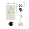 Acupuncture alternative medicine, body scheme and needles in chinese therapy of pain. Medical traditional treatment