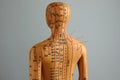 Acupuncture - alternative medicine. Human model with needles in shoulder against grey background, back view Royalty Free Stock Photo