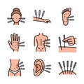Acupuncture. Body therapy and spa. Wellness. Alternative medicine outline icons set Royalty Free Stock Photo