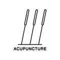 Acupuncture icon. Row of three stuck needles. Black line art illustration of alternative medicine, treatment, reflexology. Contour