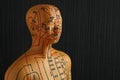 Acupuncture model. Mannequin with dots and lines on black background, space for text