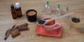 Acupuncture needles, herbs, cup, oil, TCM Traditional Chinese Medicine concept photo