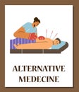 Acupuncture treatment, acupuncturist inserts needles in the back of patient, Alternative oriental medicine vector poster