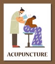 Acupuncture treatment vector poster, acupuncturist inserts needles into the back of patient sitting on chair