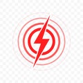 Acute joint pain or throat pain target red circle with vector thunder flash icon, pain localization spot of sore hurt and ache of