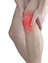 Acute pain in a man knee. Male holding hand to spot of knee-ach Royalty Free Stock Photo