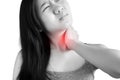 Acute pain and sore throat symptom in a woman isolated on white background. Clipping path on white background. Royalty Free Stock Photo