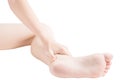 Acute pain in a woman ankle isolated on white background. Clipping path on white background. Royalty Free Stock Photo