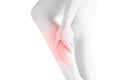 Acute pain in a woman calf leg isolated on white background. Clipping path on white background. Royalty Free Stock Photo