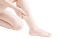 Acute pain in a woman calf leg isolated on white background. Clipping path on white background.