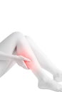 Acute pain in a woman calf leg isolated on white background. Clipping path on white background. Royalty Free Stock Photo