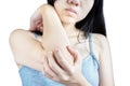 Acute pain in a woman elbow isolated on white background. Clipping path on white background. Royalty Free Stock Photo