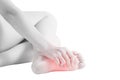 Acute pain in a woman feet isolated on white background. Clipping path on white background. Royalty Free Stock Photo