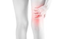 Acute pain in a woman thigh isolated on white background. Clipping path on white background.