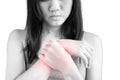 Acute pain in a woman wrist isolated on white background. Clipping path on white background. Royalty Free Stock Photo