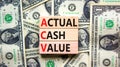 ACV actual cash value symbol. Concept words ACV actual cash value on wooden blocks on a beautiful background from dollar bills.