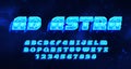 Ad Astra alphabet font. Pixel letters and numbers in 80s style. Pixel background.