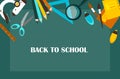 Ad banner Back to school. Sale horisontal poster with School Supplies Accessories elements. Office Schooling Stationery tools,