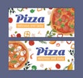 Ad banner with meat and vegetarian pizzas on white background. Design of promo templates for pizzeria or Italian food