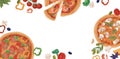 Ad banner for pizzeria with realistic pizza slices, ingredients and place for text on white background. Promotion