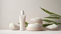 Ad banner for simple beauty products, mock-ups decorated with natural leaves and cream strokes, concept of organic skincare