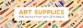 Ad banner template for art supplies shop, school stationery store. Advertisement promotion background design of sale Royalty Free Stock Photo