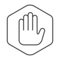 Ad blocker thin line icon. Shield with hand block. World wide web vector design concept, outline style pictogram on