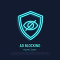 Ad blocking neon thin line icon: eye crossed out on shield. Modern vector illustration