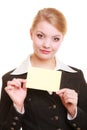 Ad. Businesswoman holding blank copy space card Royalty Free Stock Photo