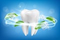 Ad template for toothpaste and other oral care products, with giant tooth model, ice cubes and mint leaves. Dynamic whitening