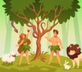 Adam and eve. Bible story scene first man and woman in garden eden, knowledge good and evil, snake of temptation and Royalty Free Stock Photo