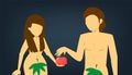 Adam and Eve characters. Naked female with leaf