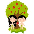 Adam and Eve under an apple tree. Vector Illustration Royalty Free Stock Photo
