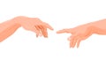 Adam and God touching hands fingers vector graphic cartoon illustration