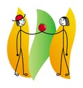 A man and a woman are holding an apple. Cartoon schematic drawing. Vector drawing.