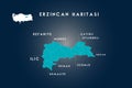 Erzincan districts refahiye, ilic, kemaliye, kemah, uzumlu, cayirli, otlukbeli, tercan map, Turkey