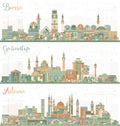 Adana, Gaziantep and Bursa Turkey City Skylines with Color Buildings