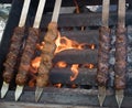 Adana kebab ground lamb minced meat on skewer on grill over charcoal