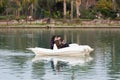 Family pedalling on a dolphine vehicle on the Seyhan River in Adana, Turkiye