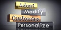 Adapt, modify, customize, personalize - words on metal blocks Royalty Free Stock Photo