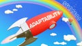 Adaptability lead to achieving success in business and life. Cartoon rocket labeled with text Adaptability, flying high in the