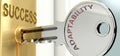 Adaptability and success - pictured as word Adaptability on a key, to symbolize that Adaptability helps achieving success and