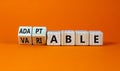 Adaptable or variable symbol. Turned wooden cubes and changed the word variable to adaptable. Beautiful orange background, copy