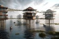 Adapting to rising sea levels with floating city or coastal community on stilts.