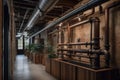 adaptive reuse project with industrial theme, featuring exposed brick and pipes
