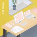 Adaptive web design for various devices. Colorful vector illustration with responsive design on computer, tablet