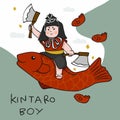 Kobo-tensho Kintaro boy a folk hero from Japanese folklore riding big red fish cartoon illustration