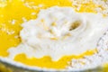 Add eggs and flour to a transparent bowl for making batter.